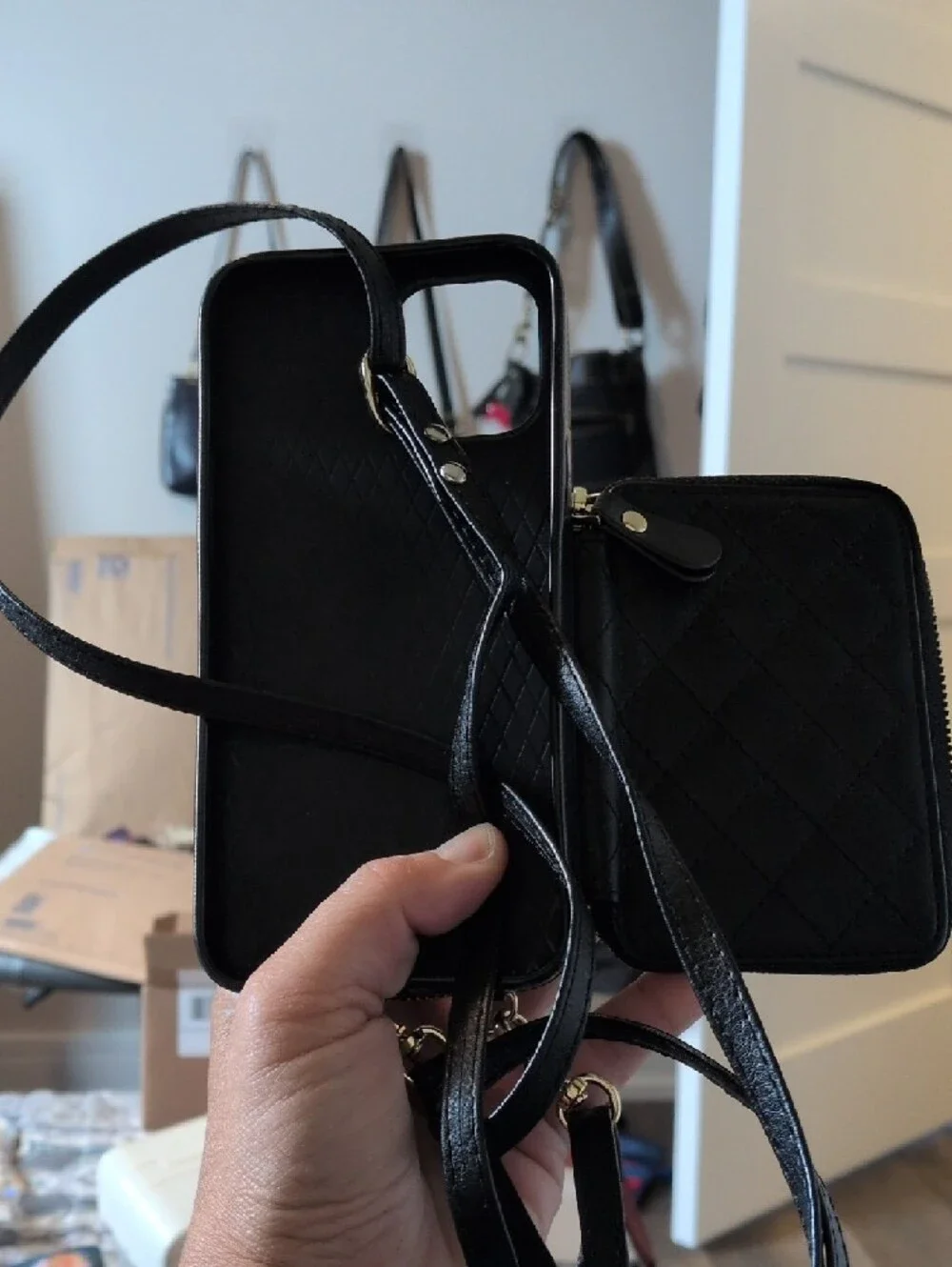 Quilted Black Zipper Phone Case with Card Pocket - Compatible Cell Accessory
